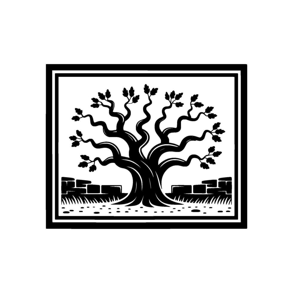 Stylized silhouette of a large ancient tree with thick gnarled branches and small leaves framed within a border standing vector