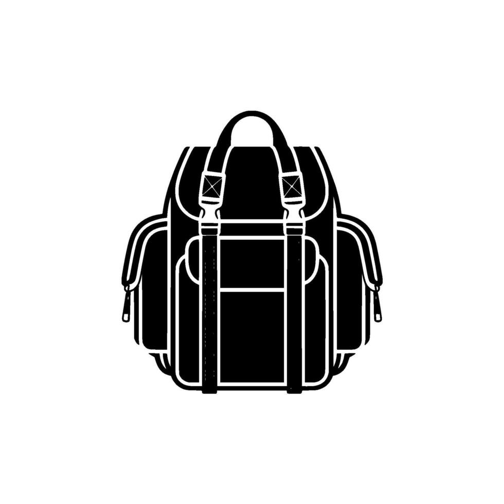 A stylized minimalist illustration of a modern functional backpack with side pockets straps and buckles centered vector