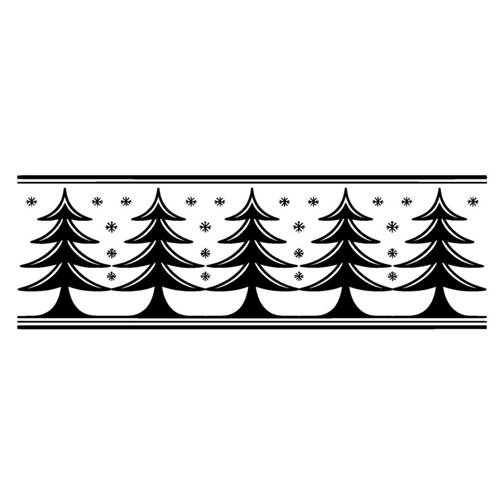 A repeating seamless horizontal border illustration featuring stylized pine trees with abstract snowflake accents vector