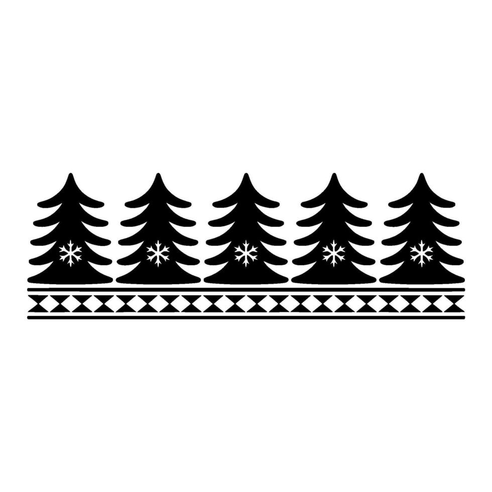 A symmetrical horizontal border featuring five stylized Christmas trees with snowflake embellishments across the top and a repeating geometric diamond pattern along the bottom set again vector