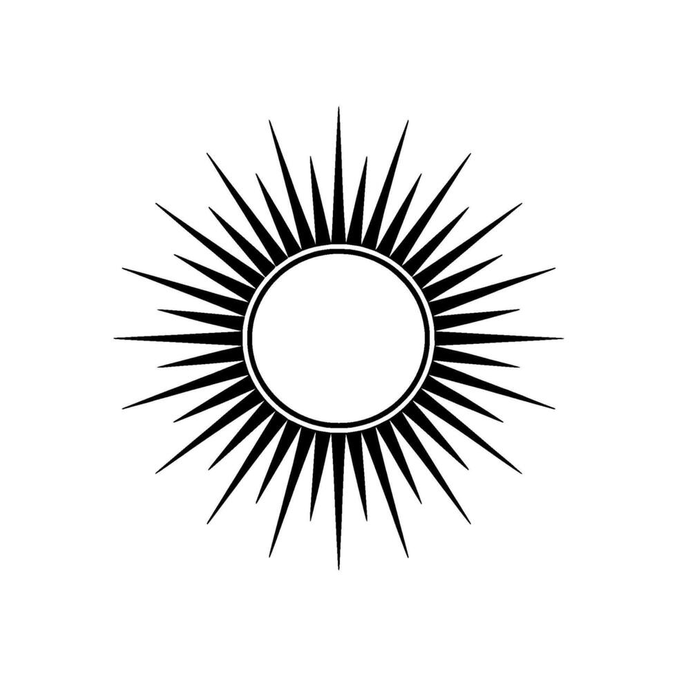 A stark silhouette of a stylized sun with numerous sharp pointed rays emanating from a central circular frame vector