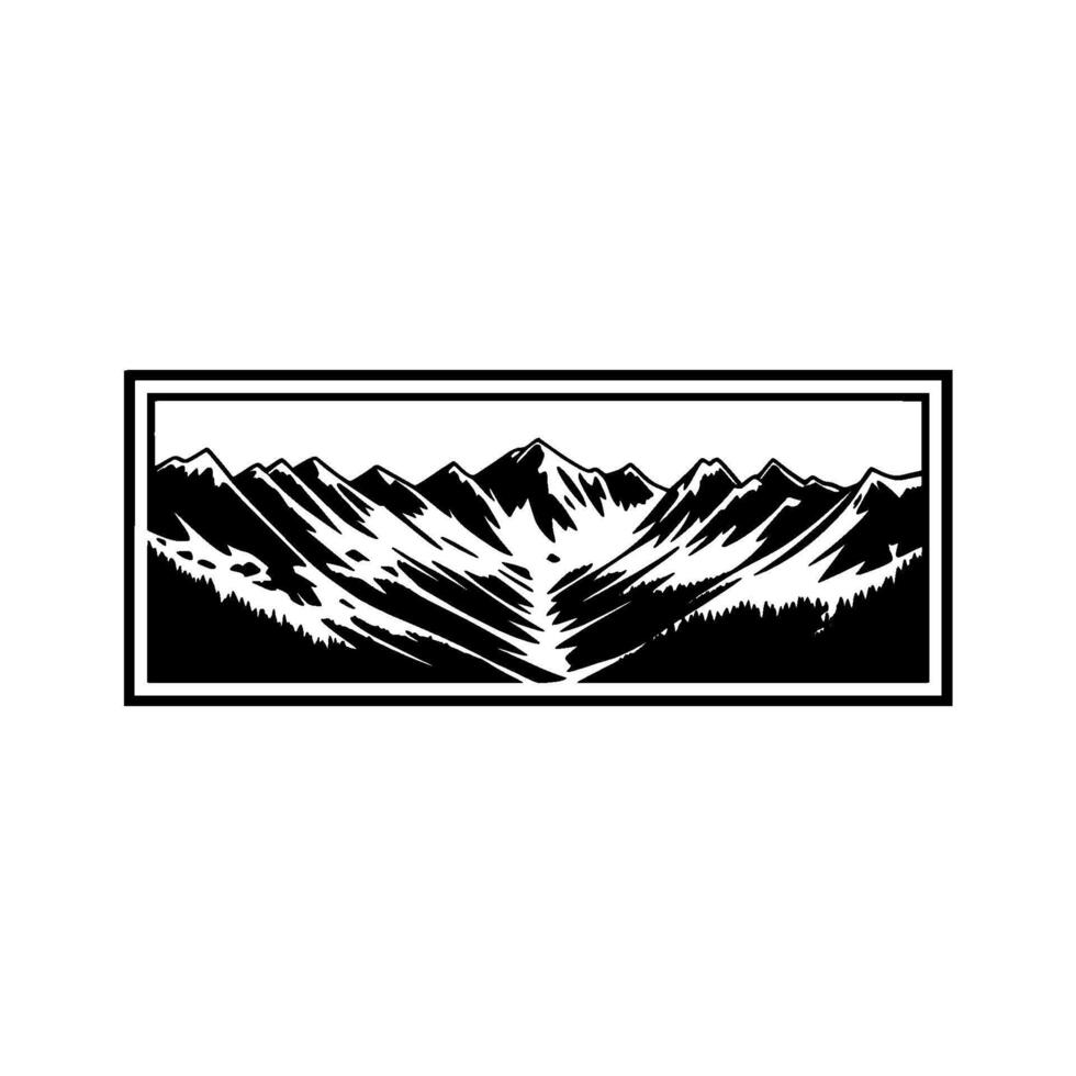 A stark silhouette of a vast mountain range with jagged peaks and a forest lining the foothills presented within a rectangular frame vector