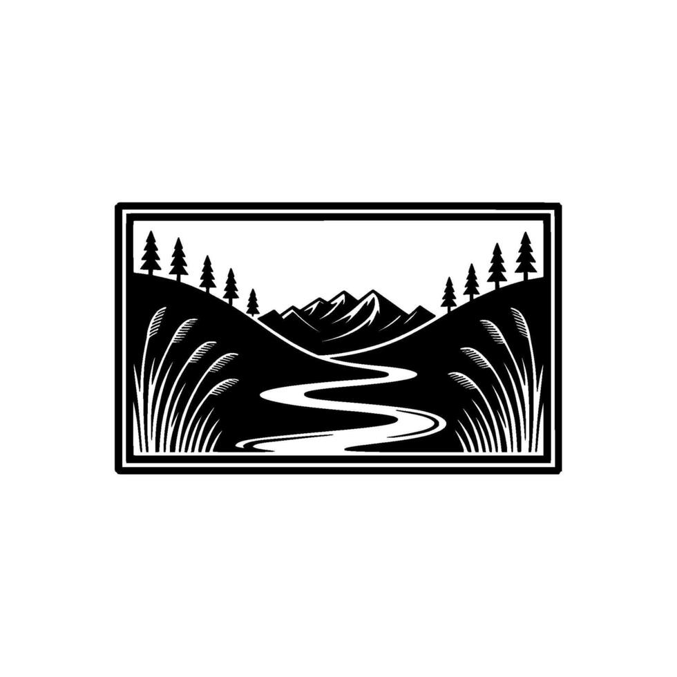 Stylized silhouette landscape featuring rolling hills a winding river evergreen trees and tall reeds within a decorative rectangular frame vector