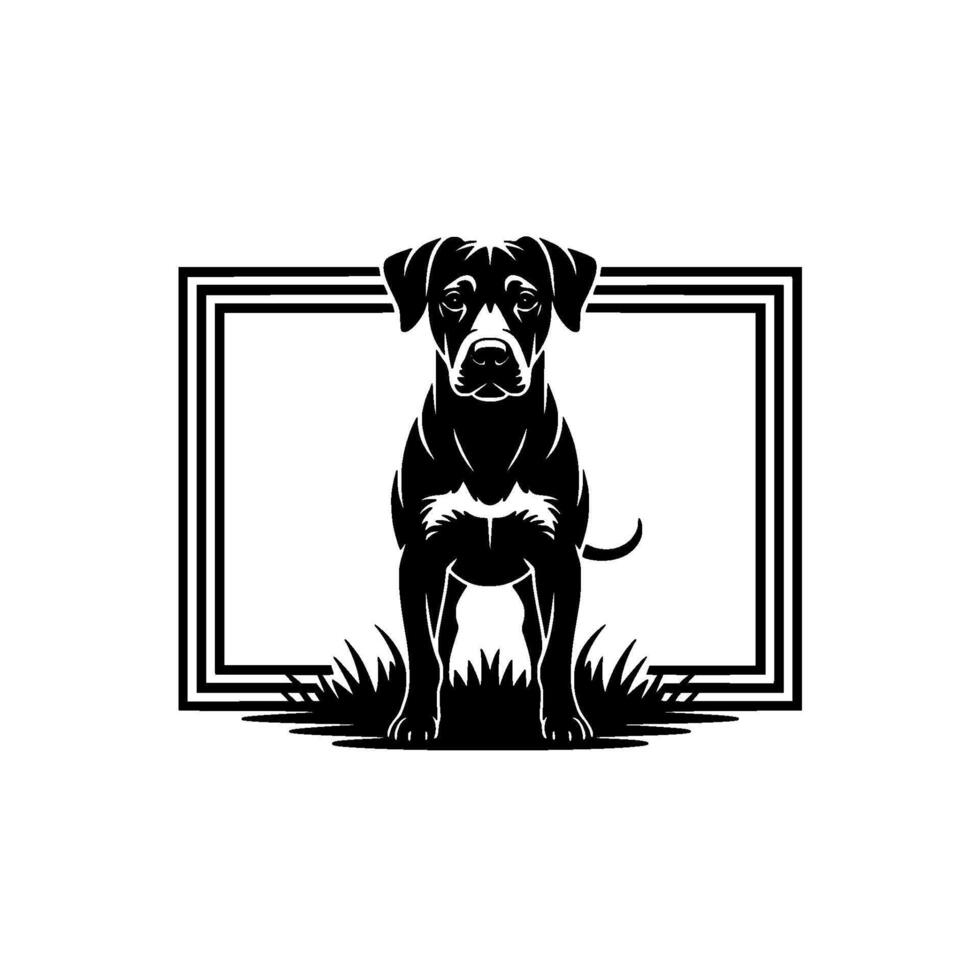 A striking illustration of a muscular pitbull dog standing proudly in stylized grass within a simple decorative frame vector