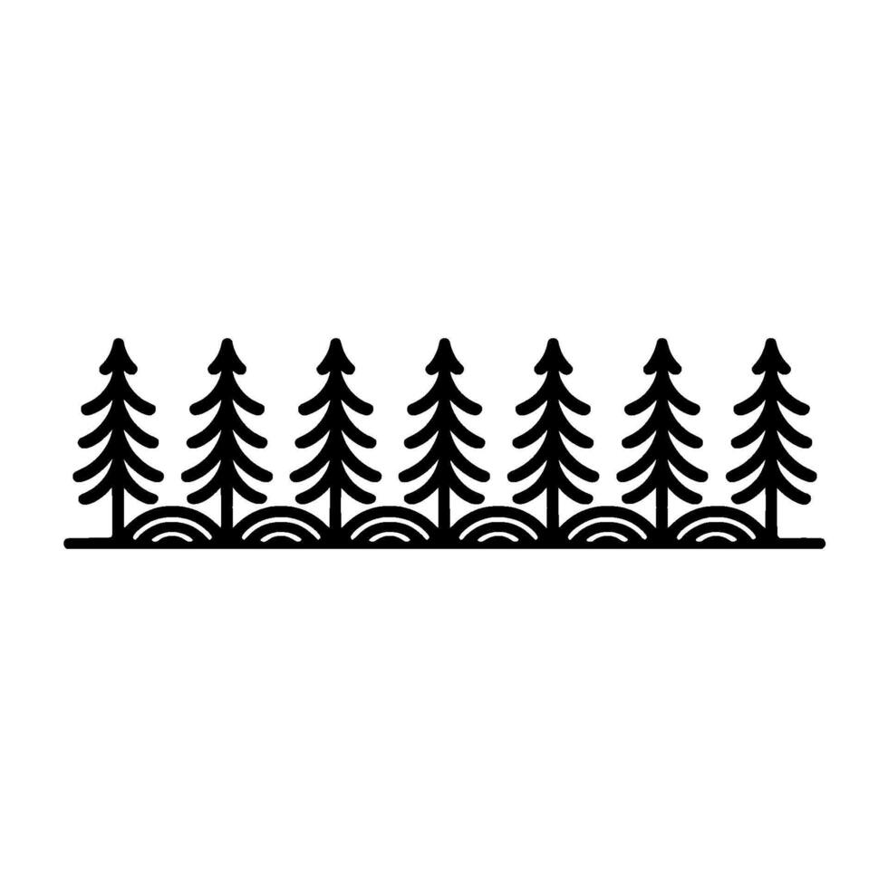 un minimalista ilustración de un estilizado bosque línea presentando múltiple conífera arboles con curvo suelo elementos vector