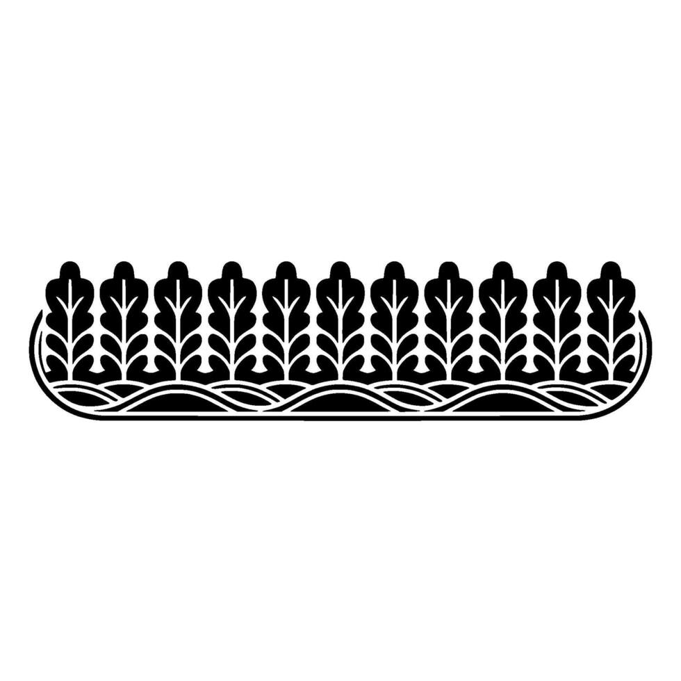 A stylized border featuring a repeating pattern of symmetrical oak leaves atop curved wavy lines within an oval frame vector