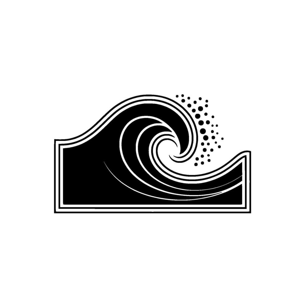 Stylized monochrome of a curling ocean wave breaking within a decorative rectangular frame with scattered droplets vector
