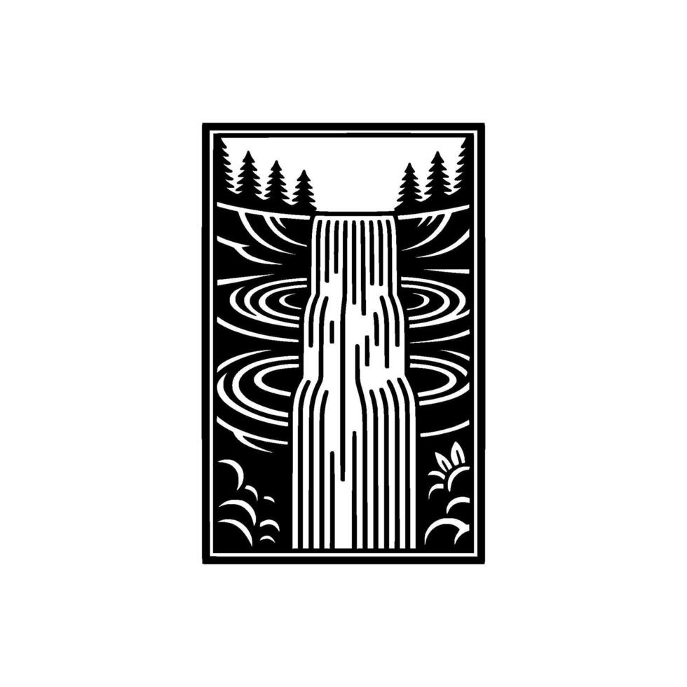 A monochrome linocut style illustration of a majestic waterfall cascading into rippling water surrounded by stylized pine trees and foliage within a rectangular frame vector