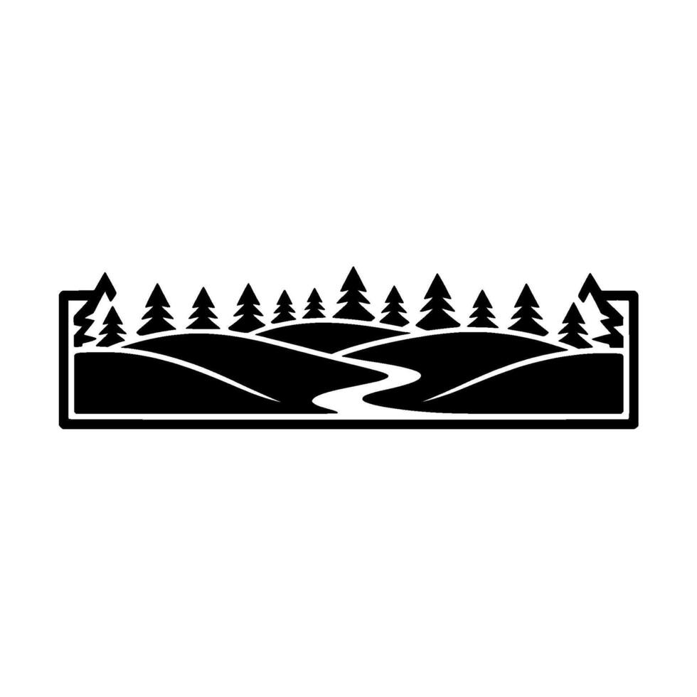 A stylized silhouette depicting a winding river flowing through rolling hills and a dense evergreen forest within a rectangular frame vector