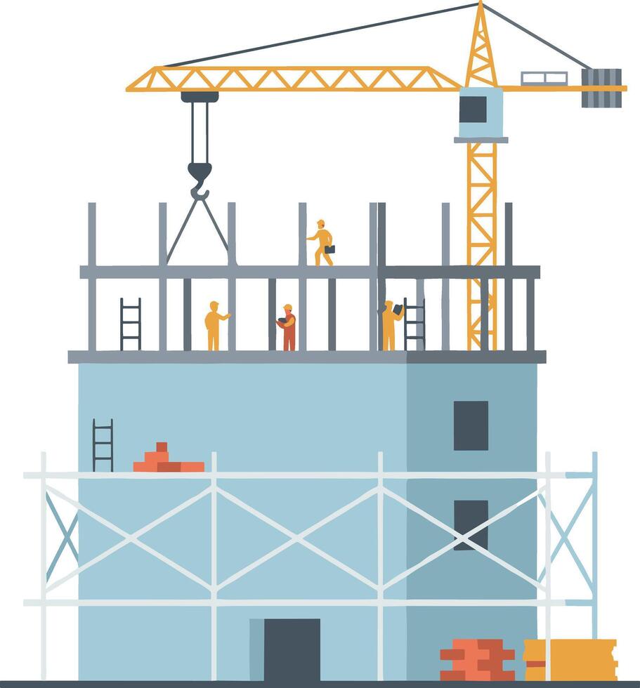 Construction site with a tower crane building a multi-story structure. vector
