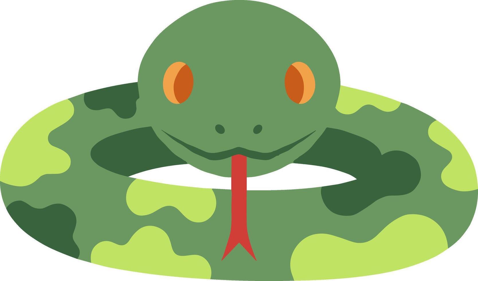 Coiled green camouflage snake with orange eyes and forked tongue. vector
