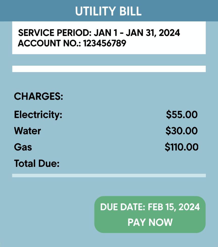 Monthly Utility Bill Statement with Charges and Due Date. vector