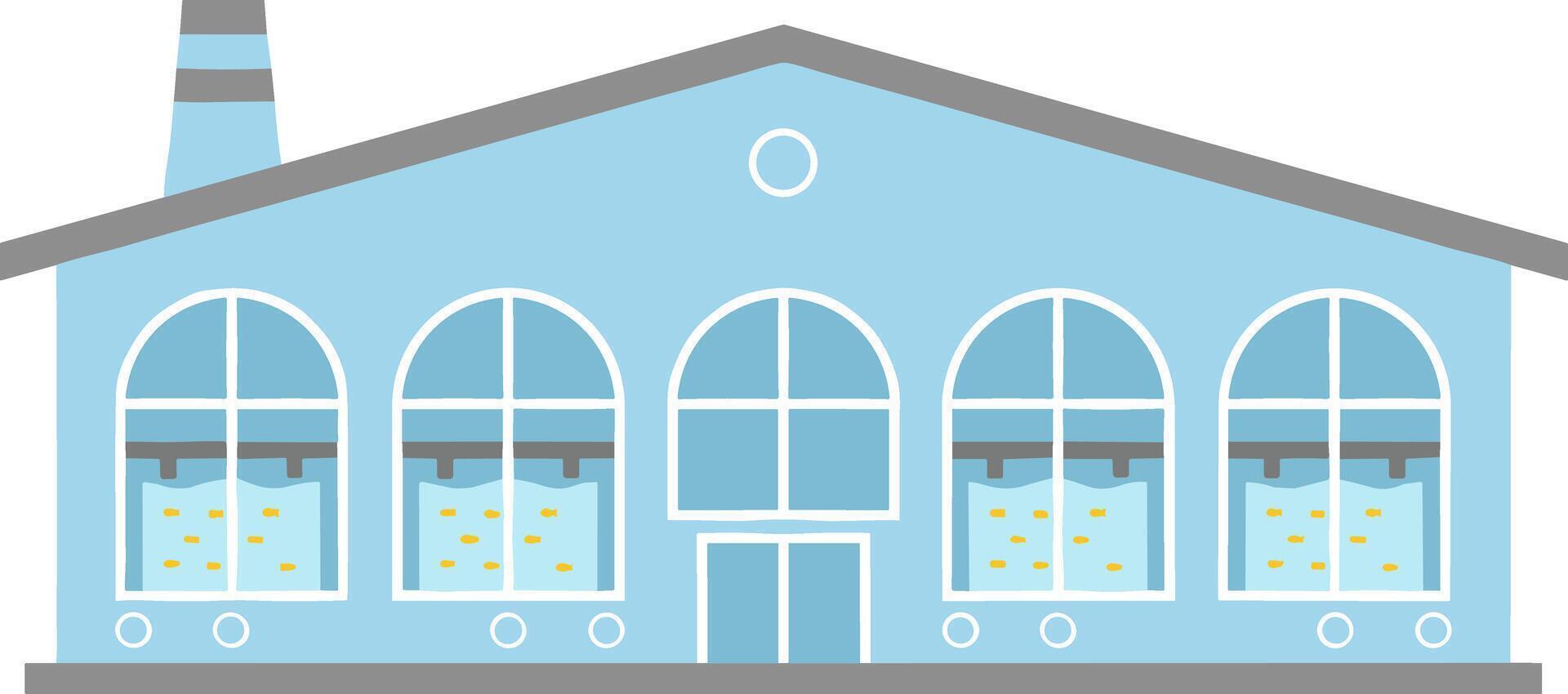 Flat illustration of a light blue building with arched windows. vector