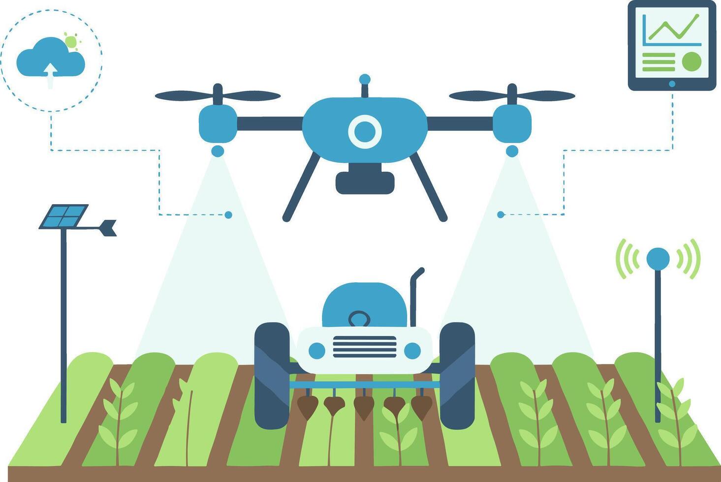 Smart farming concept with drone and autonomous tractor technology. vector