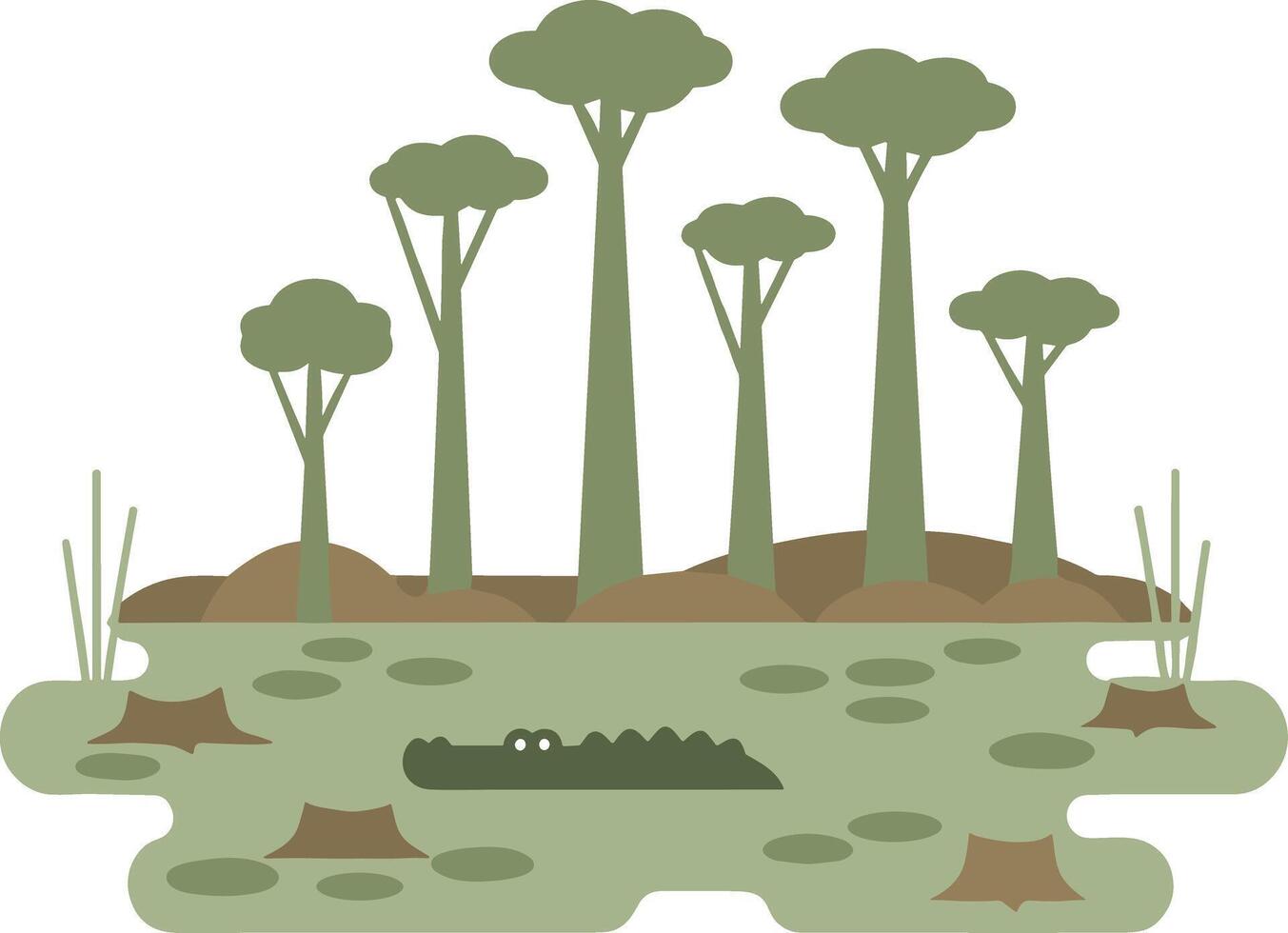 Alligator lurking in a murky swamp with tall trees. vector