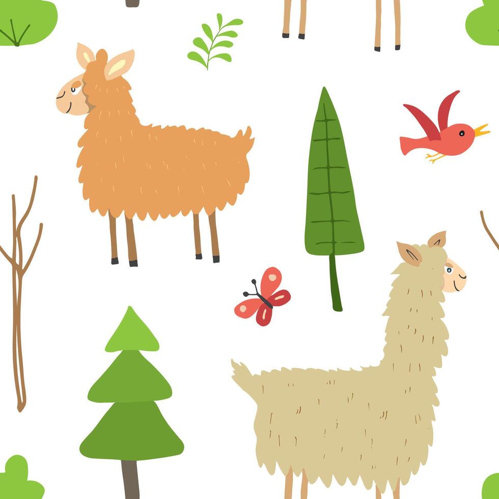 Cute lama seamless pattern with forest and botanical elements vector
