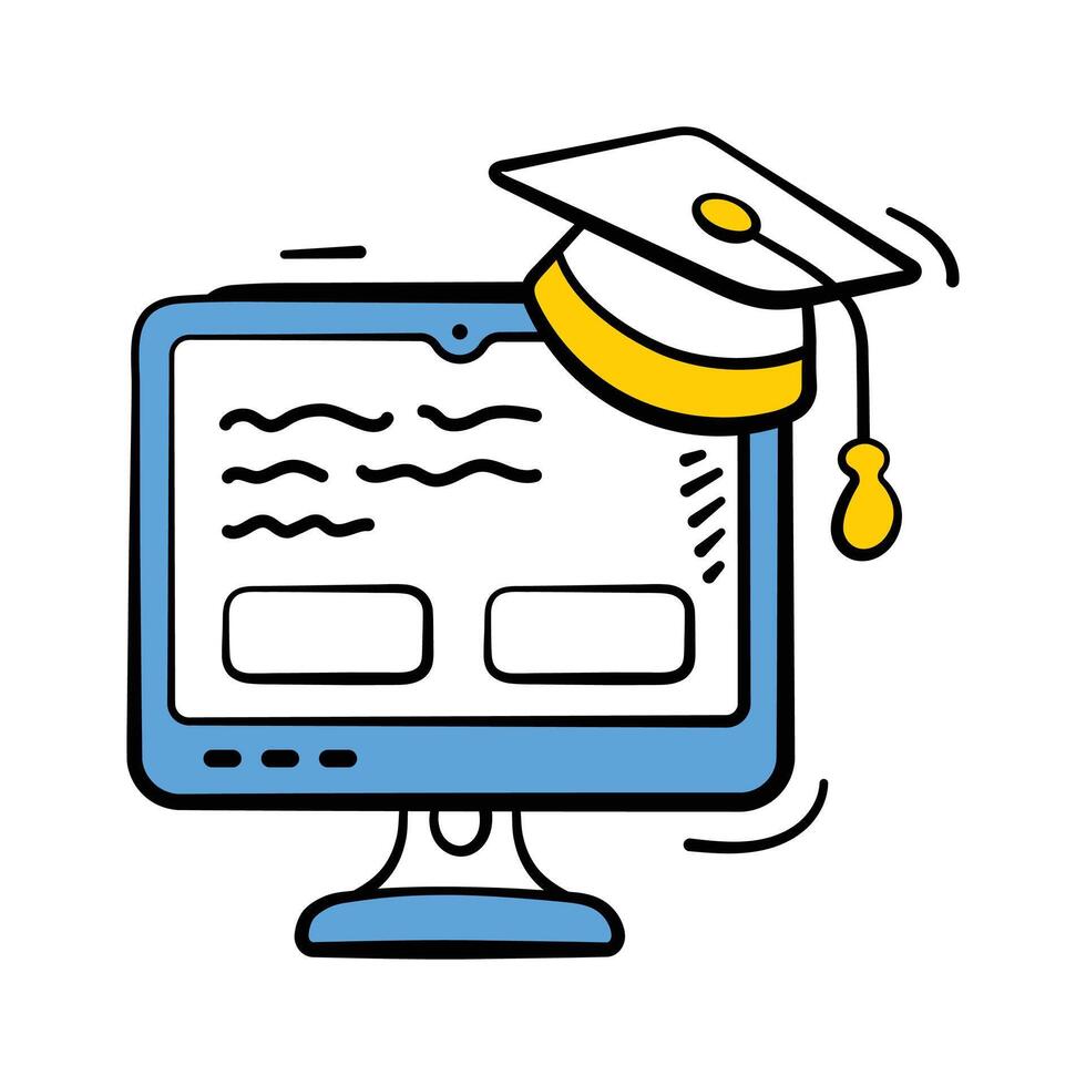 graduación gorra en computadora denotando aprendizaje electrónico, digital clases y virtual educación garabatear estilo icono vector