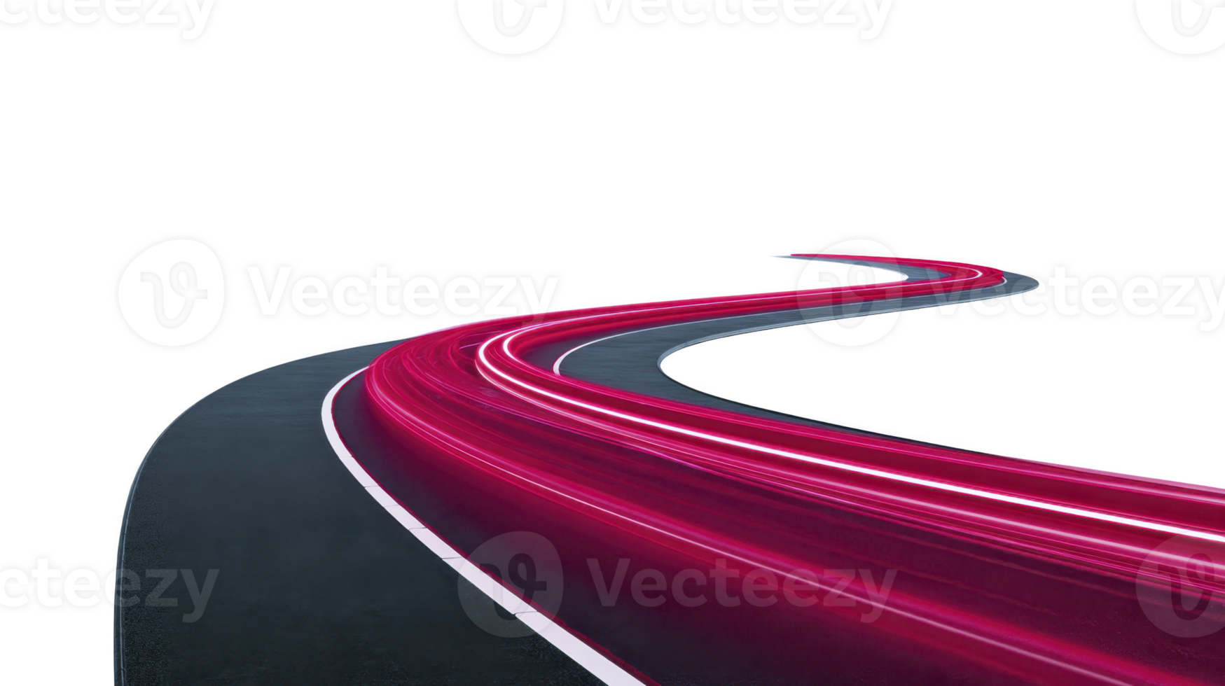 Curved road with glowing red light trails on dark asphalt, symbolizing speed, motion, and futuristic technology, isolated on transparent background for creative design use png