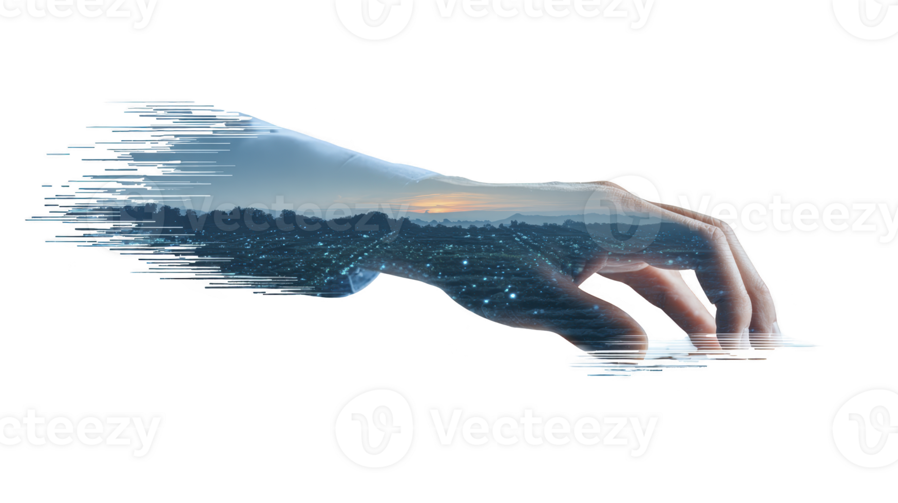 mão tecnologia digital panorama Duplo exposição futurista inovação criativo azul abstrato mão com digital panorama sobreposição simboliza inovação e criatividade futurista tecnológica png