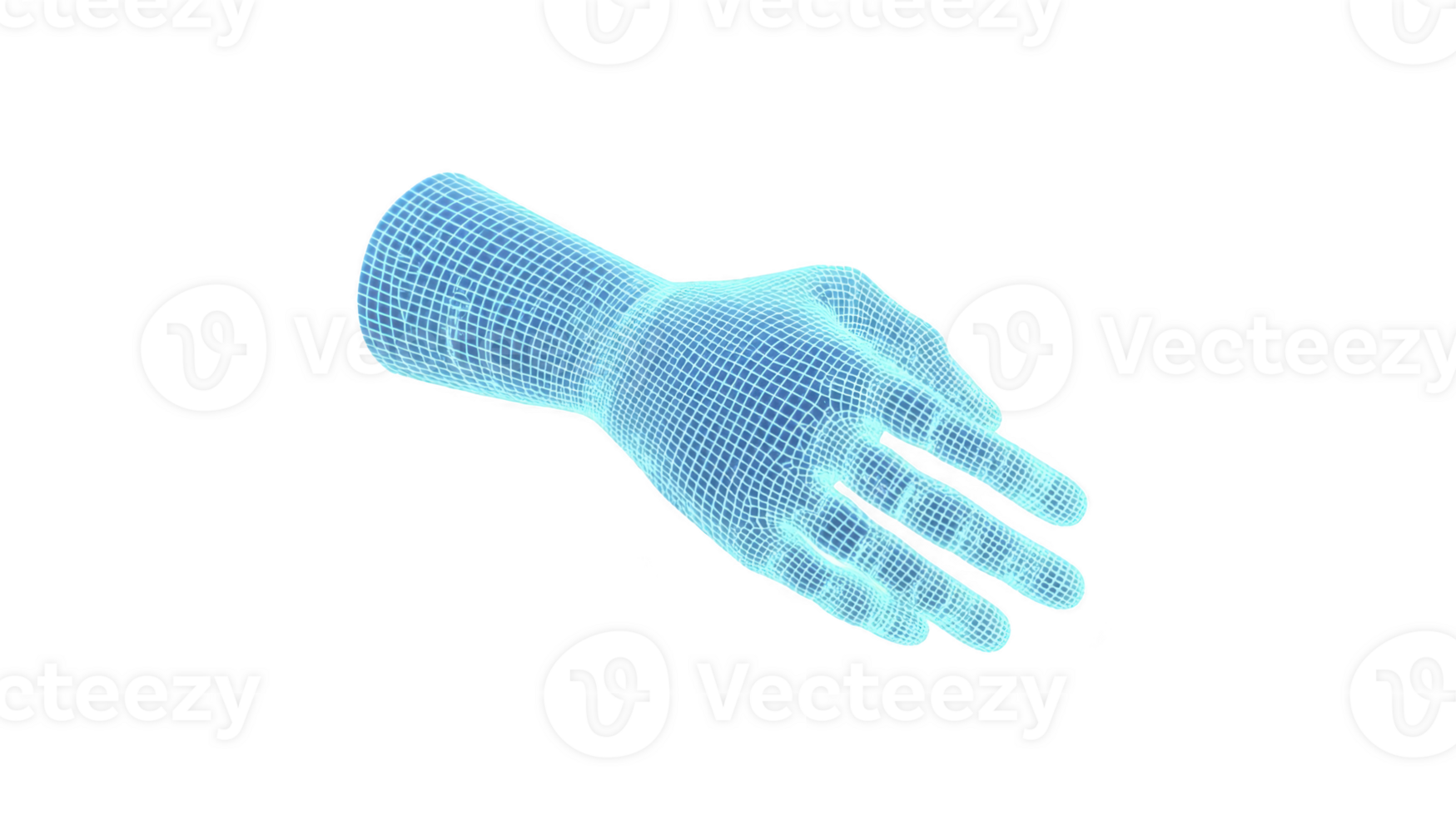 Digital wireframe hand glowing blue mesh isolated on transparency background futuristic technology 3D rendering virtual reality innovation modern design creative concept abstract art png