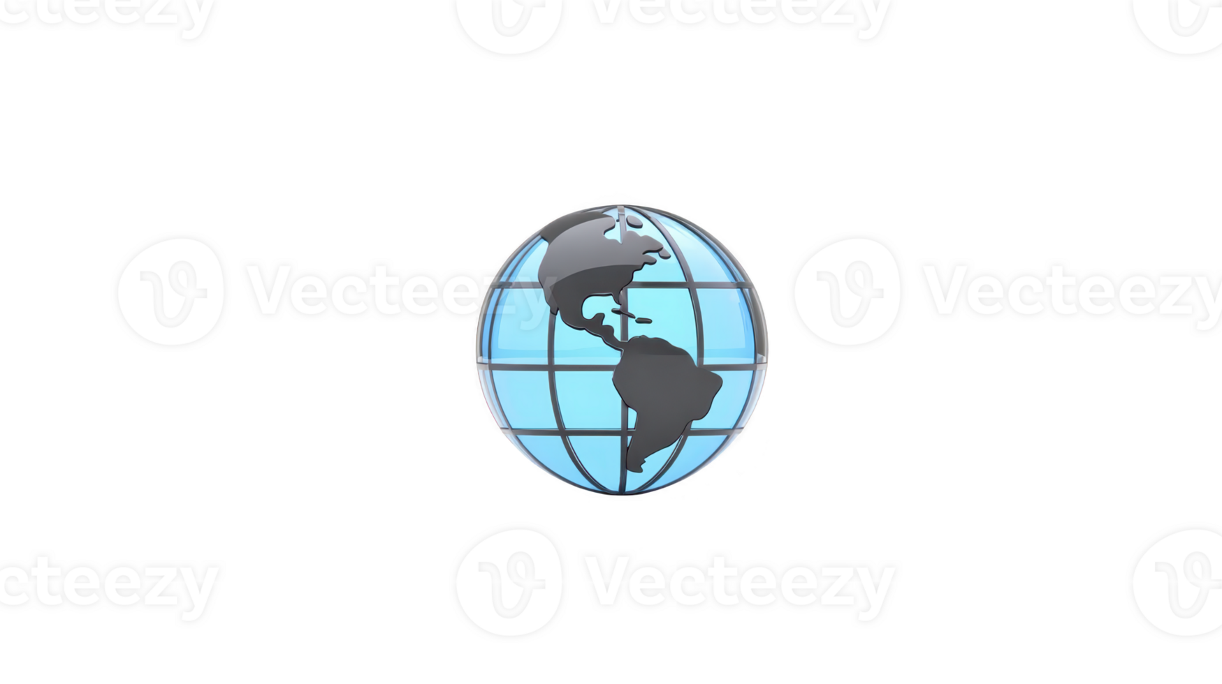 Blue globe icon with grid lines and continents, representing North and South America, isolated on transparency background, symbolizing global connection and international communication png