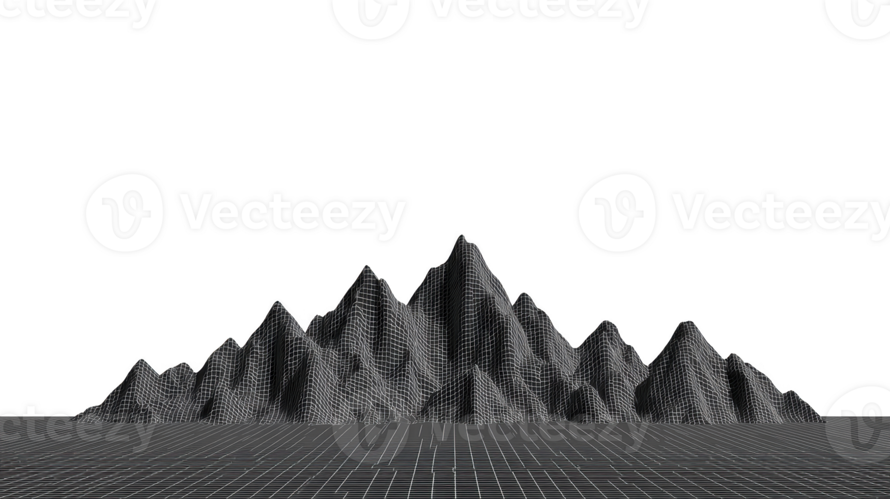 3D wireframe mountain landscape with grid foreground, digital terrain, futuristic style, transparency background, geometric shapes, technology concept, minimalistic and modern design png