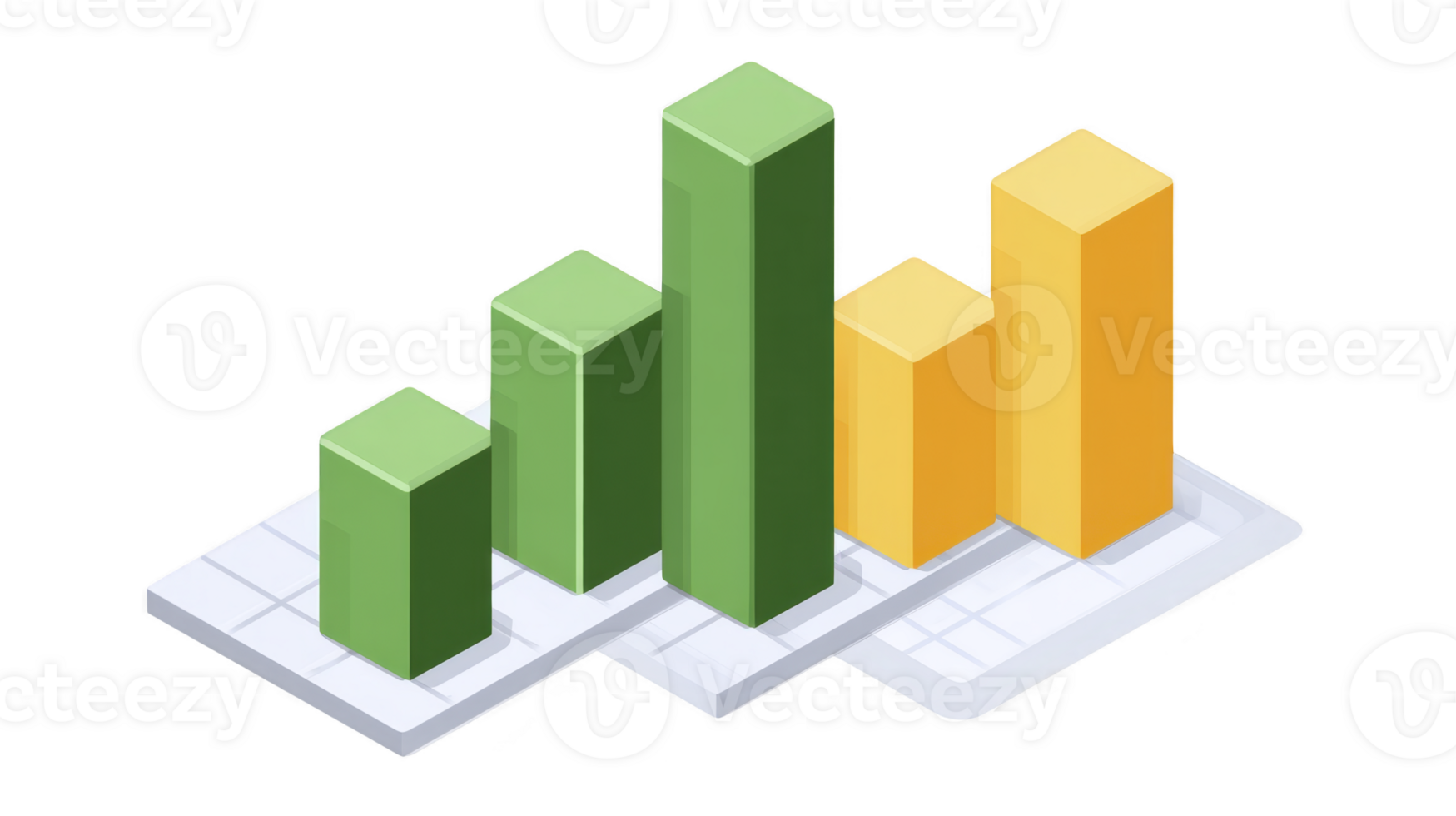 3D bar chart green and yellow columns isometric style data visualization business growth financial analysis modern infographic isolated on transparency background png