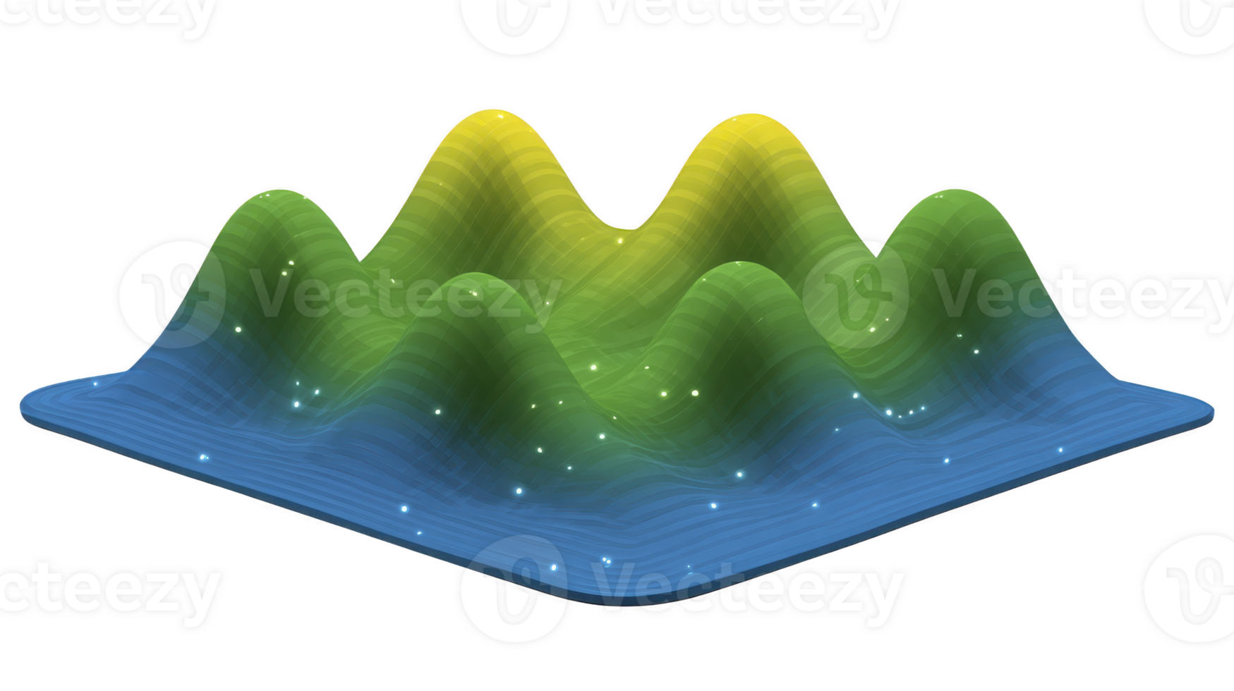 3D surface plot with glowing points, colorful gradient from blue to yellow, mathematical visualization, abstract data representation, modern digital style png