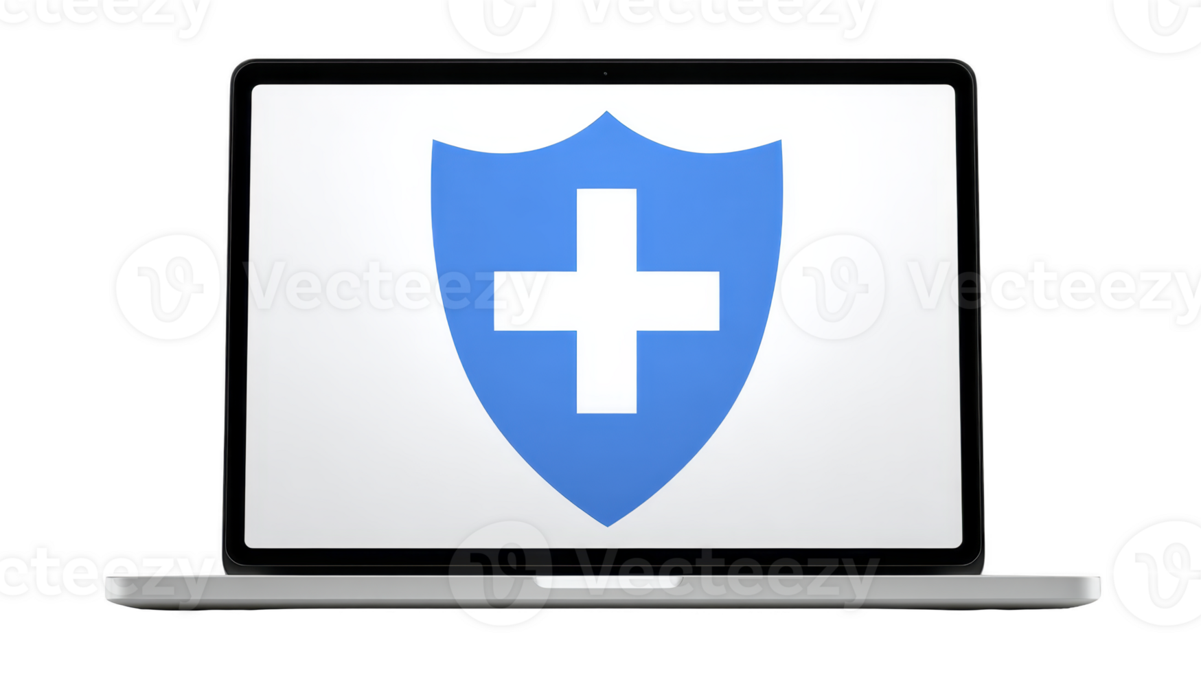 Laptop with blue shield and white cross symbol on screen, representing cybersecurity, data protection, and secure online access for safe internet use and digital privacy png