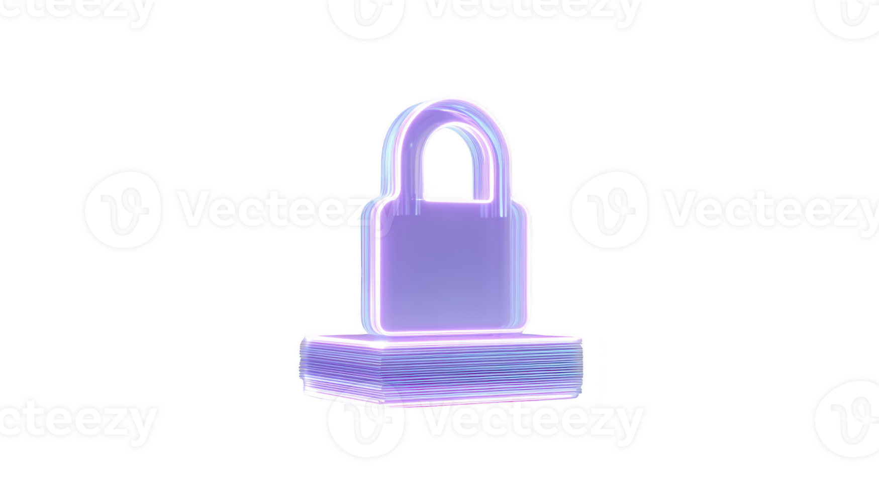 Neon lock icon with glowing purple and blue gradient, symbolizing digital security, privacy, and data protection, floating above stacked cards in futuristic, minimal style png