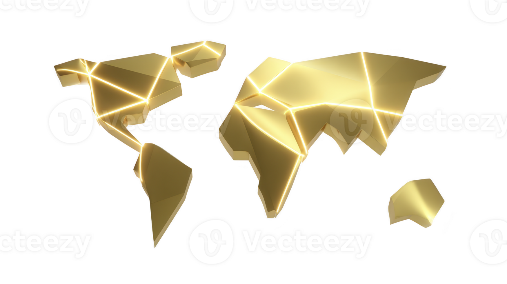Golden world map, polygonal continents, glowing lines, modern abstract style, isolated on transparent background, futuristic and elegant, suitable for technology or business concepts png
