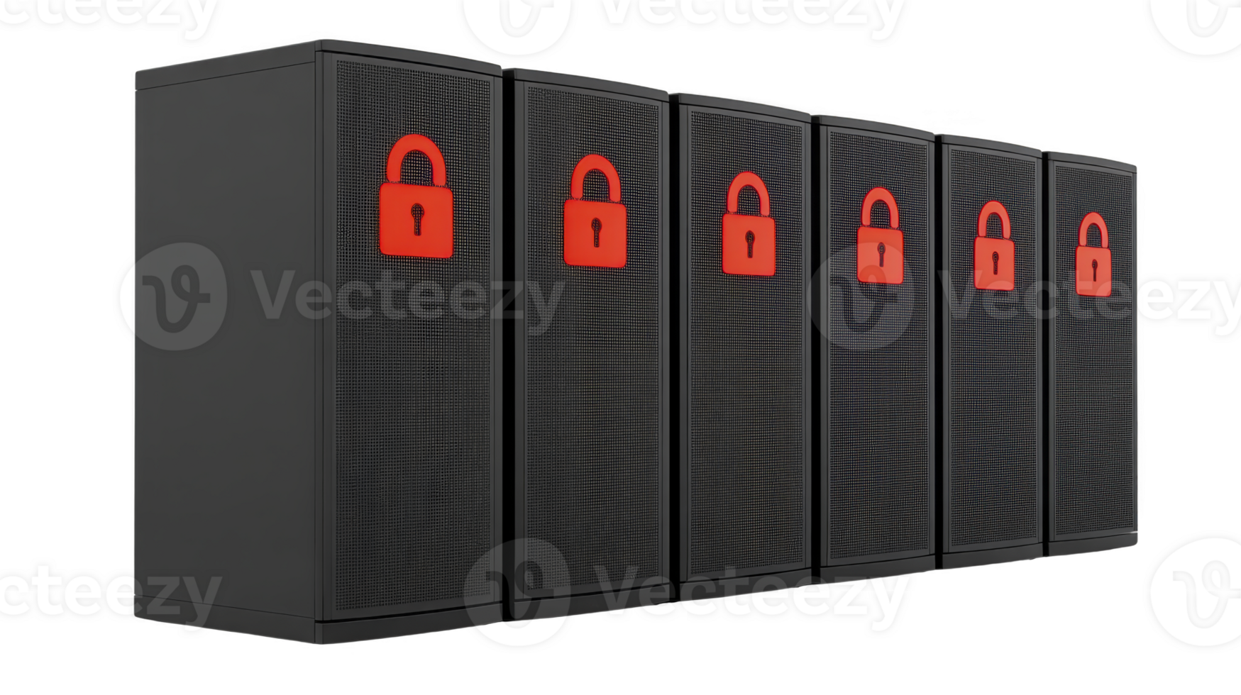 Black server rack row with red padlock icon symbolizes secure data storage, cybersecurity, and protected network infrastructure in modern technology environment png