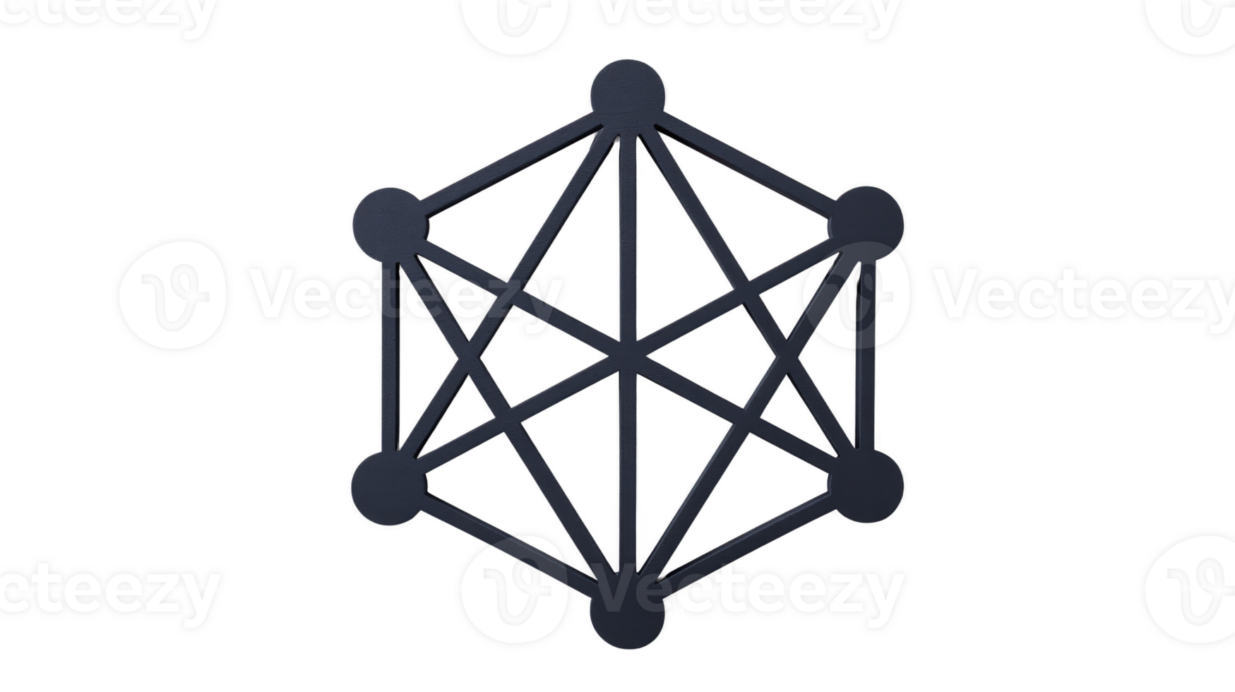 Geometric hexagon network with six connected nodes, black lines and circles, isolated on transparent background, symbolizing technology, connection, and digital communication png