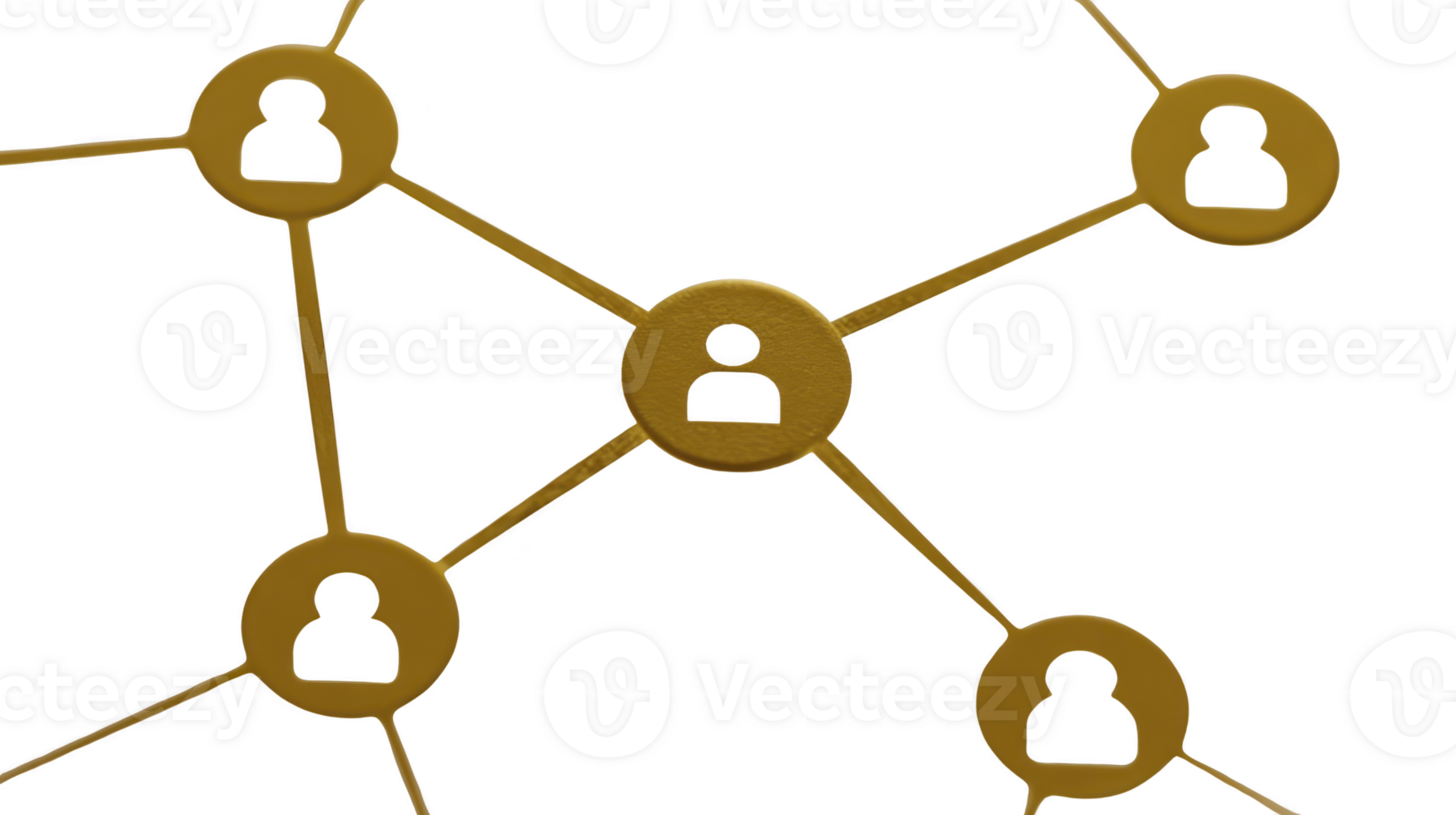 Network connection diagram with gold human icons, central node, and connecting lines, symbolizing teamwork, communication, and social networking in digital or business context png