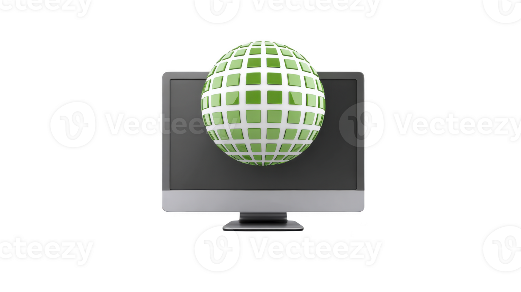 Computer monitor with green digital globe floating in front, symbolizing global connectivity, technology, and internet communication in modern, innovative style png