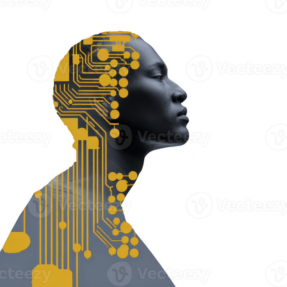 Profile of person with futuristic circuit pattern overlay, symbolizing artificial intelligence, technology, innovation, and digital transformation in modern, creative concept png