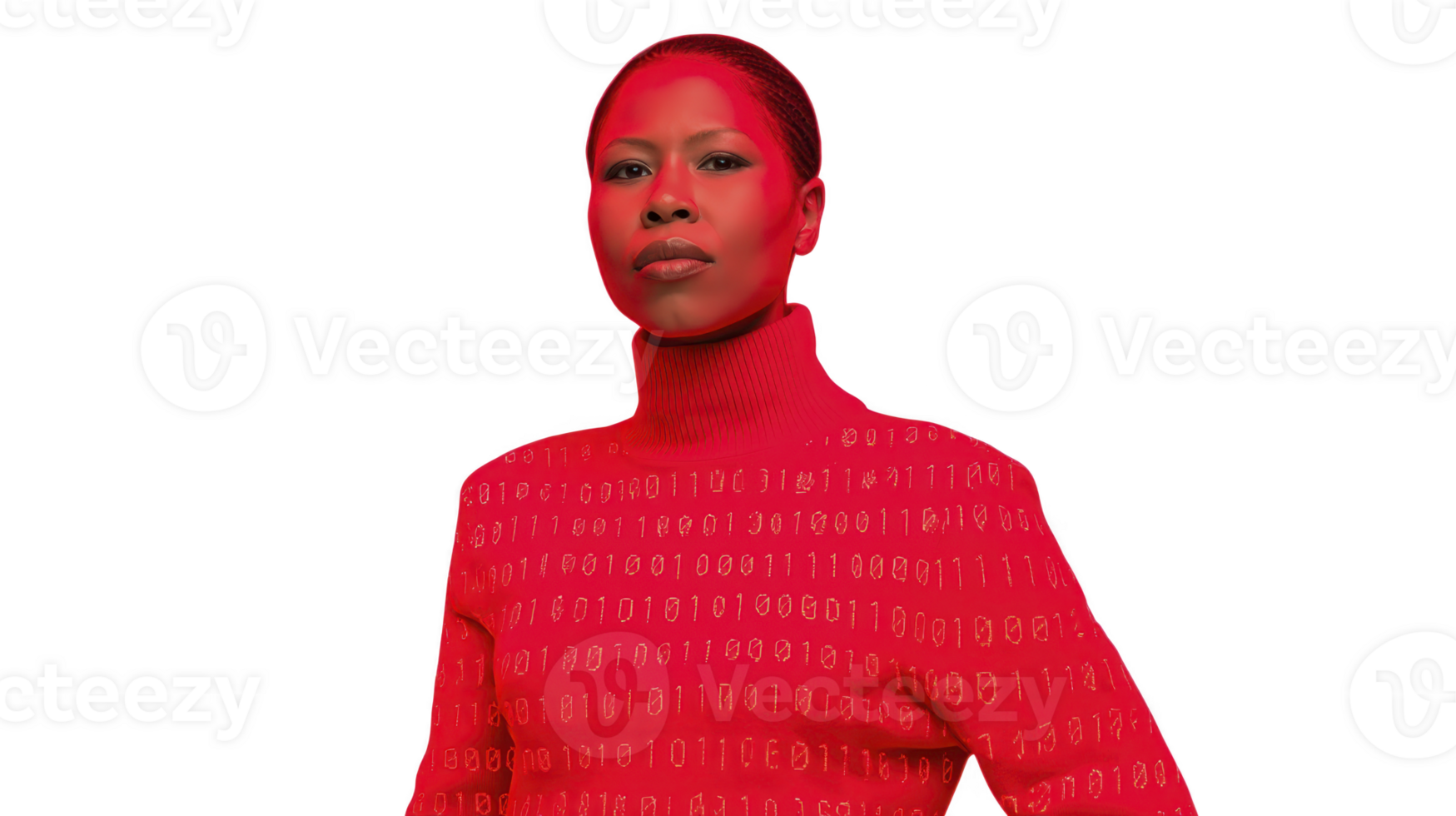 Confident woman in red turtleneck sweater with binary code pattern, digital art style, futuristic and empowering mood, isolated on transparent background png