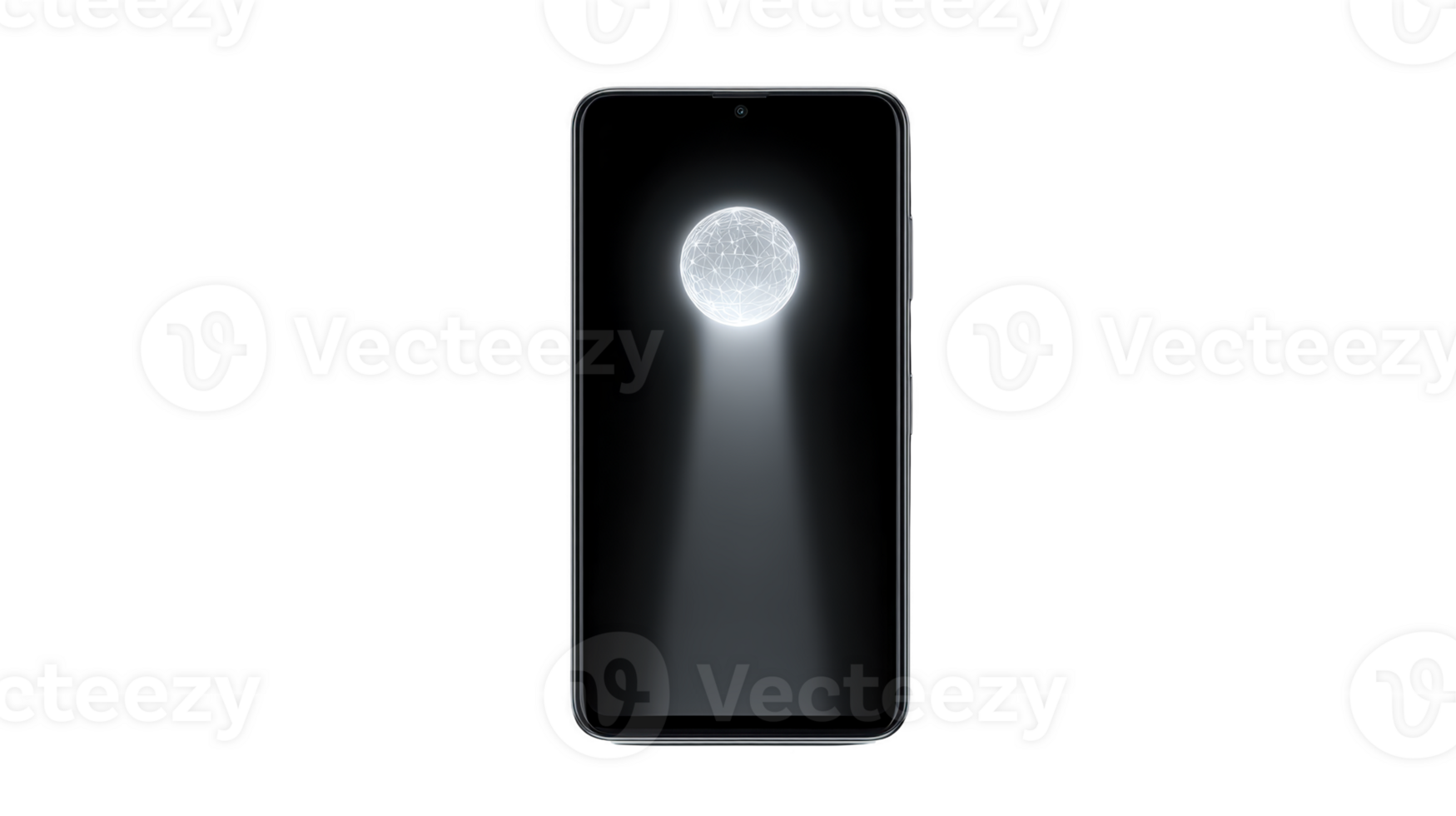 Smartphone with glowing sphere and light beam on screen, futuristic technology concept, minimal transparency background, modern digital device, illuminated abstract design, creative innovation png