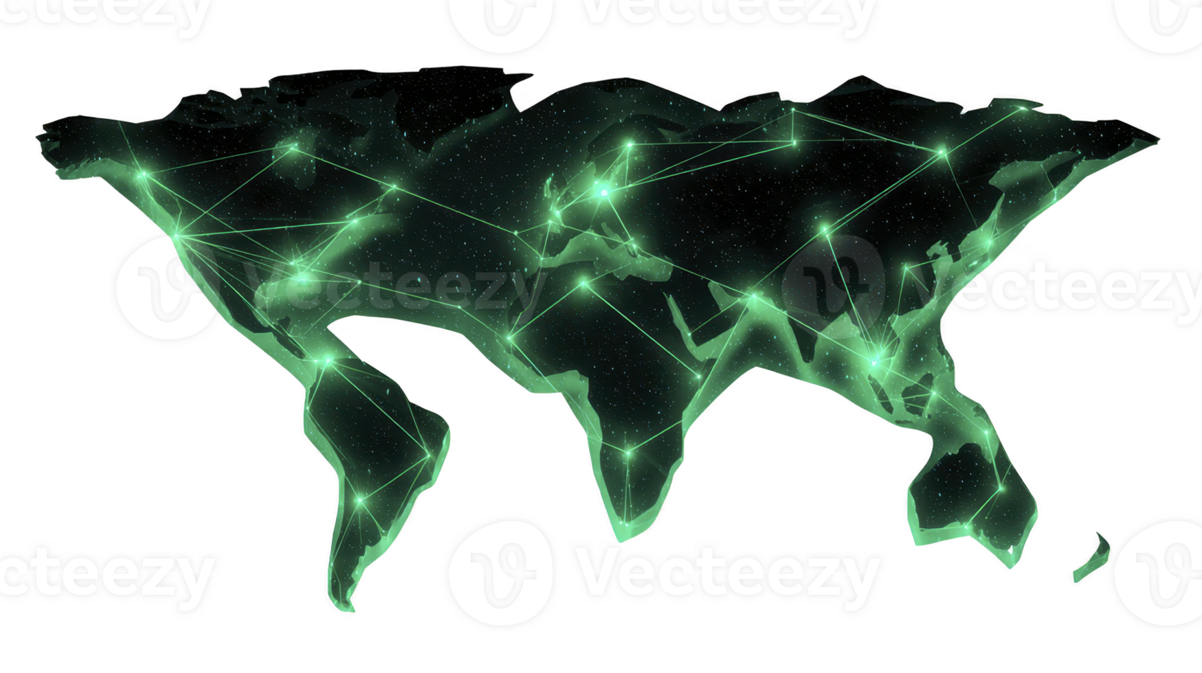 Digital world map with glowing green network connections, representing global communication, technology, and data transfer across continents, creating futuristic and connected atmosphere png