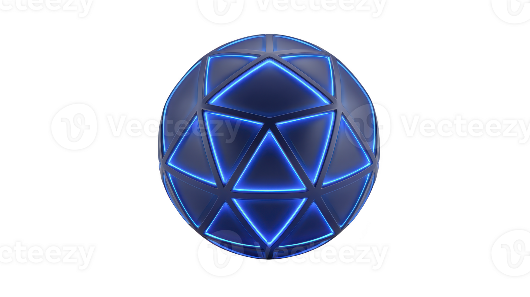 Futuristic blue sphere with glowing neon geometric pattern, featuring interconnected triangles and hexagons, isolated on transparent background, modern digital design png