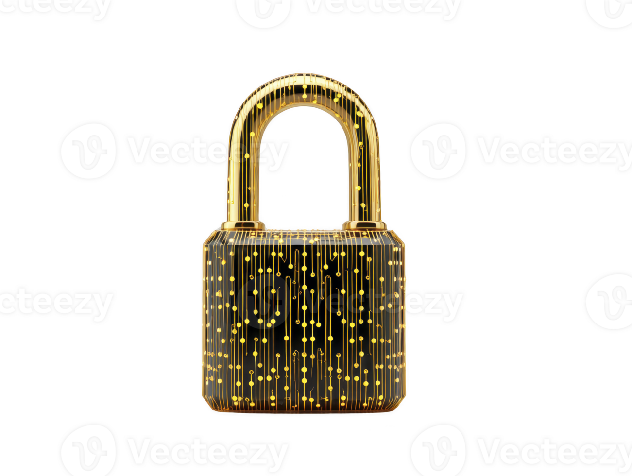 gyllene hänglås med digital krets mönster säkerhet teknologi skydd kryptering cyber trogen isolerat på genomskinlighet bakgrund skinande modern säkra png