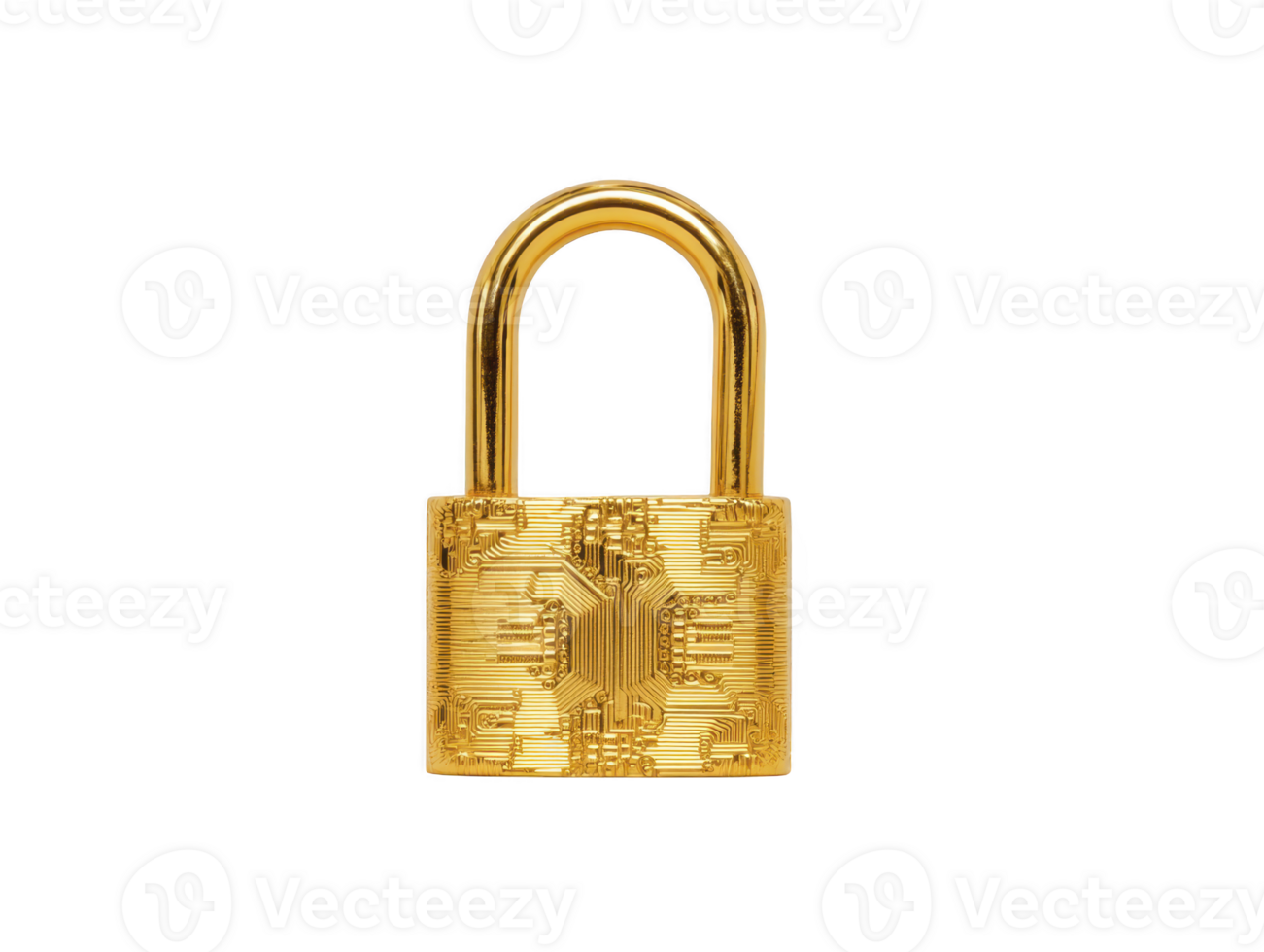 Golden padlock with circuit pattern, symbolizing digital security, data protection, and modern technology, isolated on transparency background, conveying sense of safety and innovation png