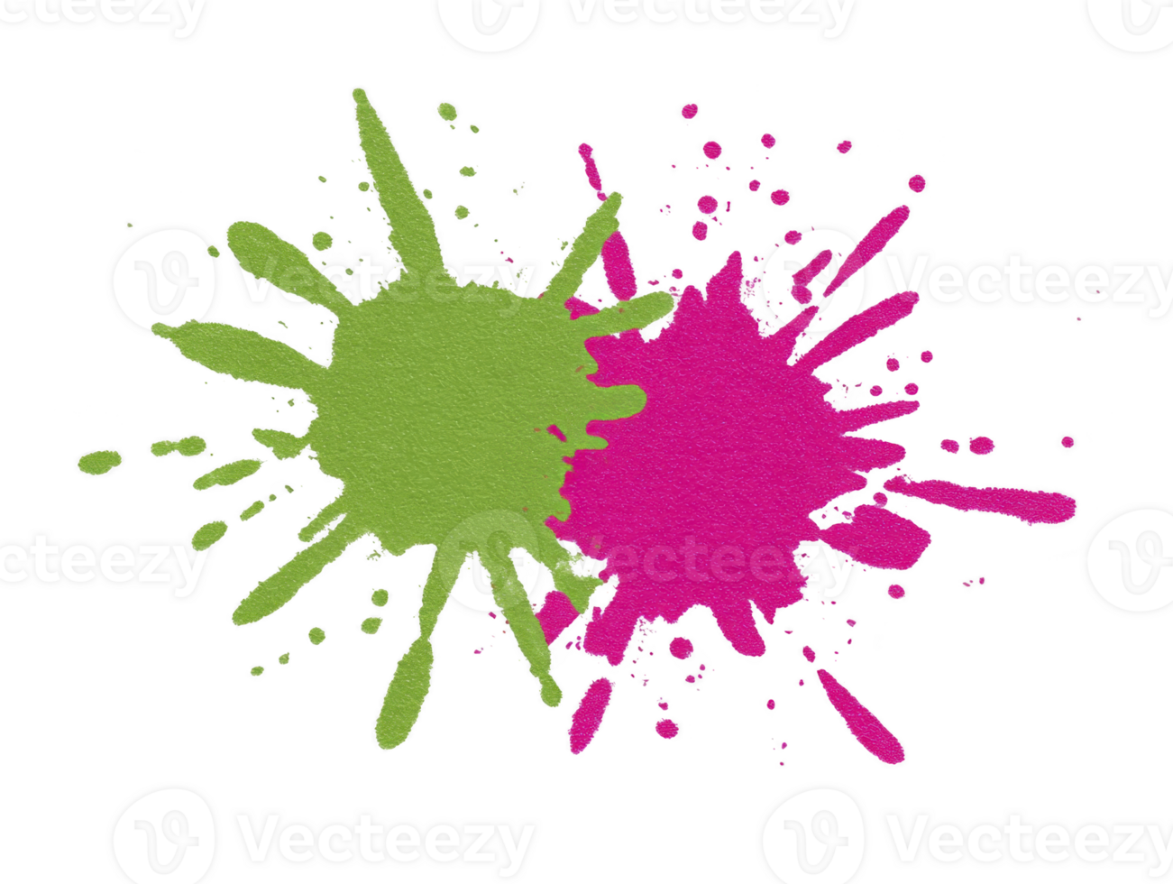 Green paint splatter and pink paint splatter overlap on transparency background, creating vibrant, artistic, and energetic abstract design suitable for creative projects png