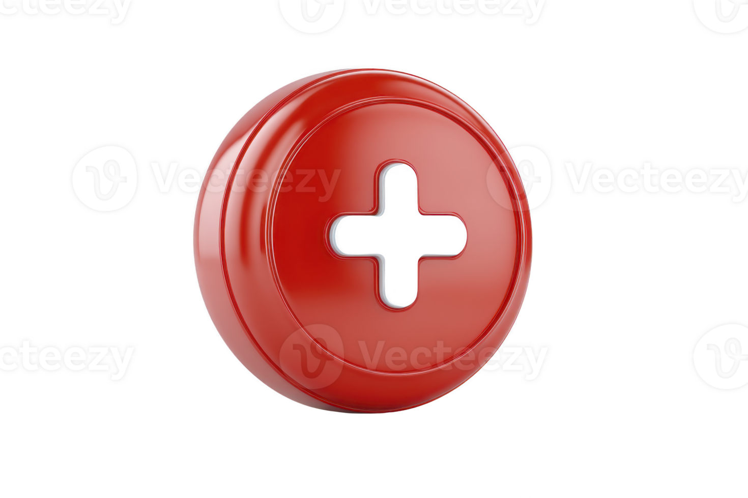 Red round button with glossy surface and cross shaped cutout in center, isolated on transparent background, symbolizing addition or medical concept png