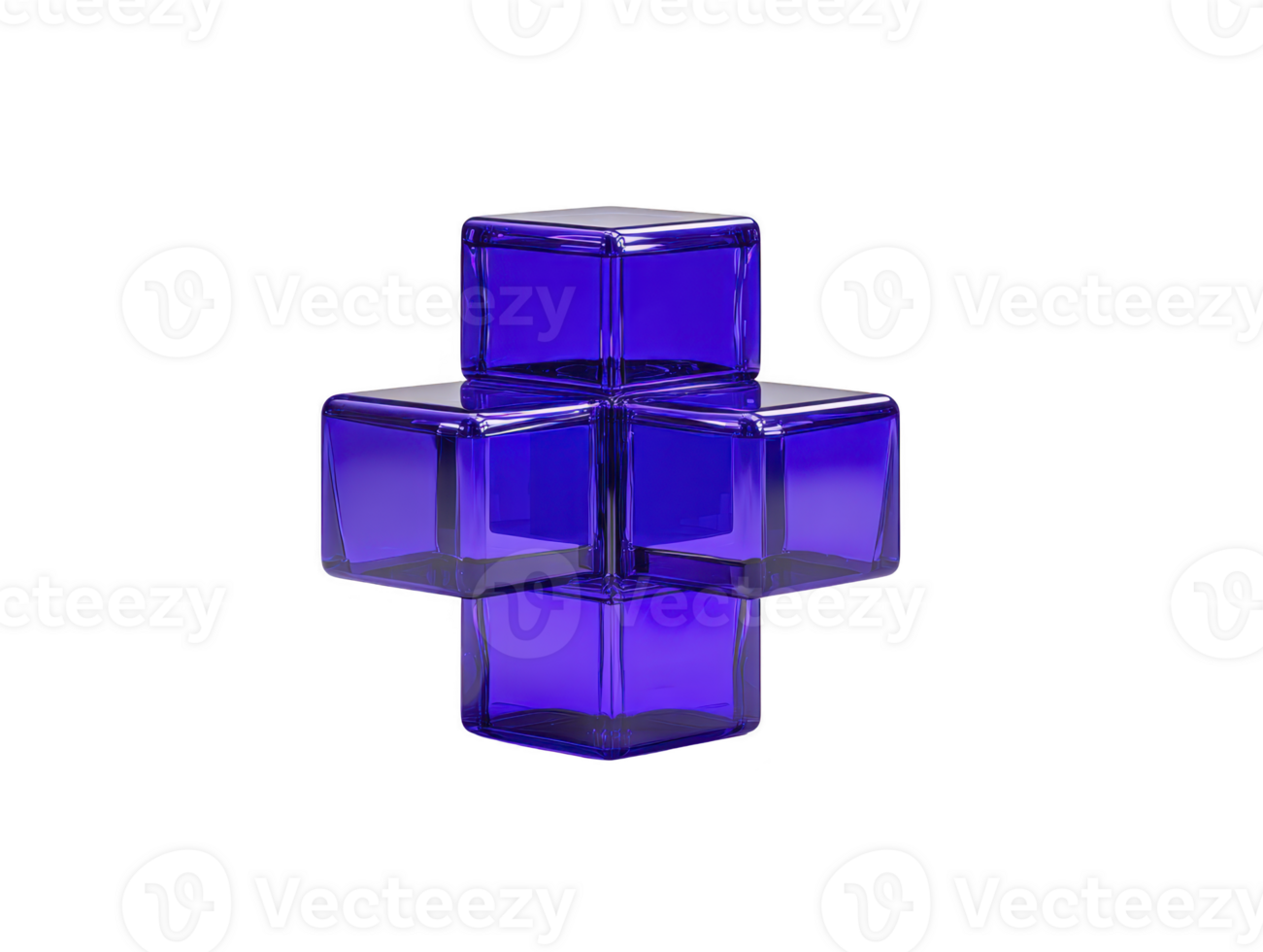 Violet glass cubes arranged in geometric cross shape, isolated on transparency background, modern abstract design, clean lines, creative composition, minimalistic and futuristic style png