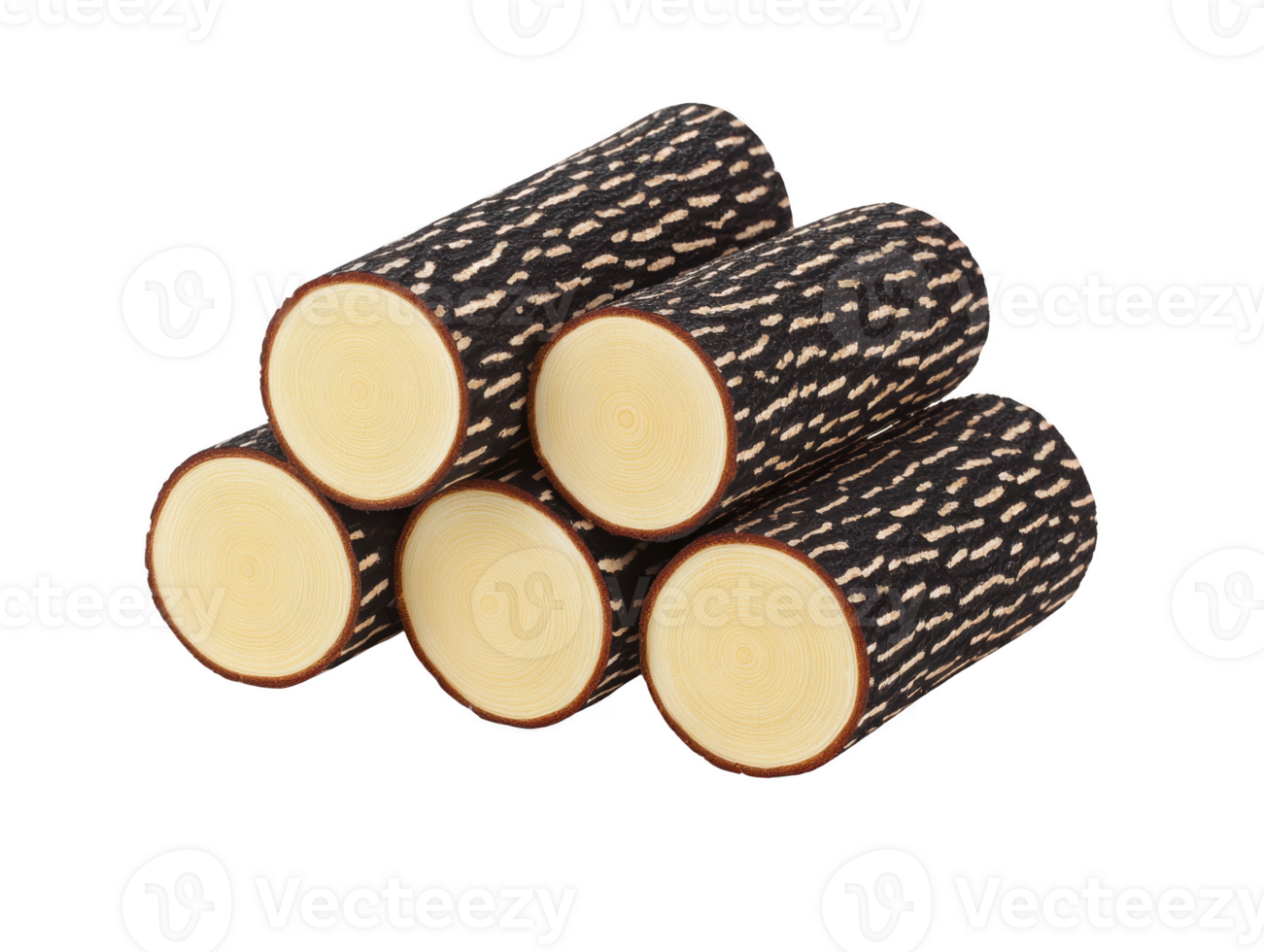 Stacked wood logs with visible tree rings and textured bark, arranged in pyramid shape, isolated on transparency background, natural material, rustic and organic feel png