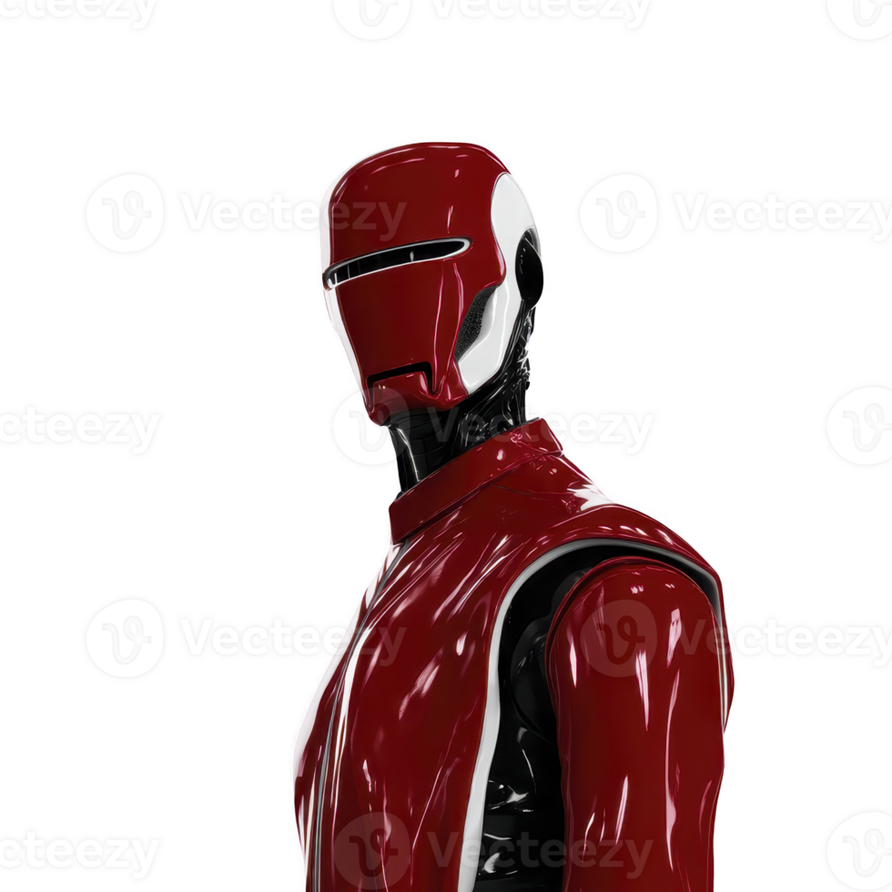 Futuristic robot in glossy red and white armor suit, humanoid figure with sleek helmet, modern sci fi style, isolated on transparent background, confident expression png