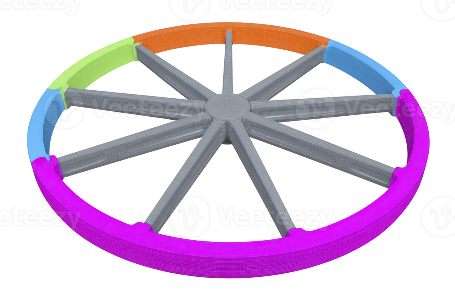 Colorful segmented wheel chart with eight sections, each in different bright color, radiating from central hub, used for data visualization or infographic design png