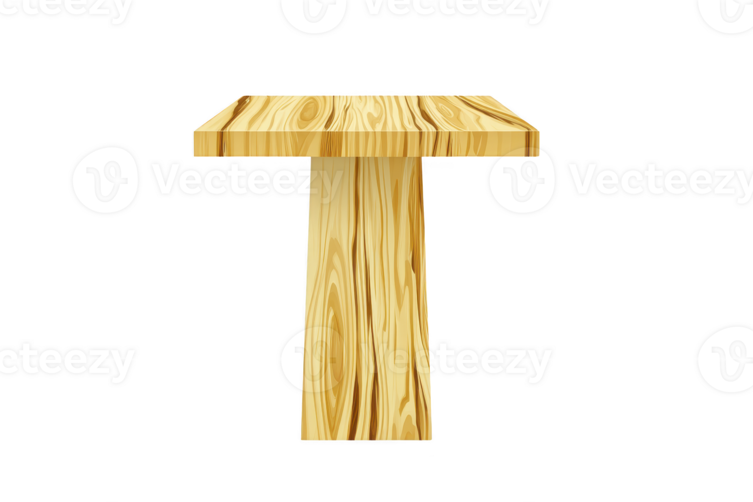 Wooden table with natural grain texture, rectangular top, single pedestal base, light brown color, isolated on transparency background, simple modern design, suitable for dining or workspace png