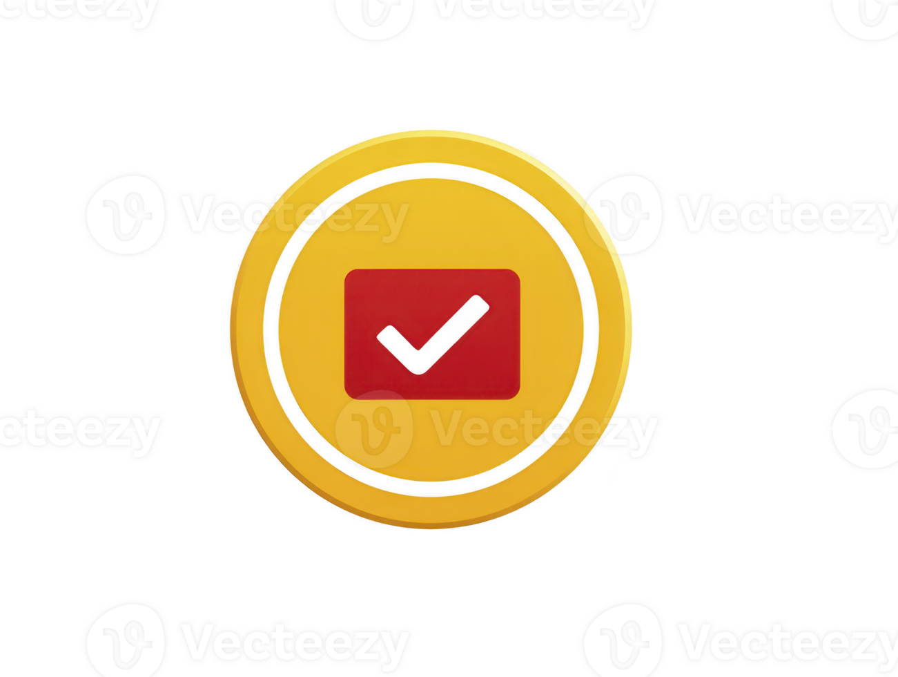 Yellow circle with black outline and red square containing black check mark, symbolizing approval, confirmation, or completion, isolated on transparent background png